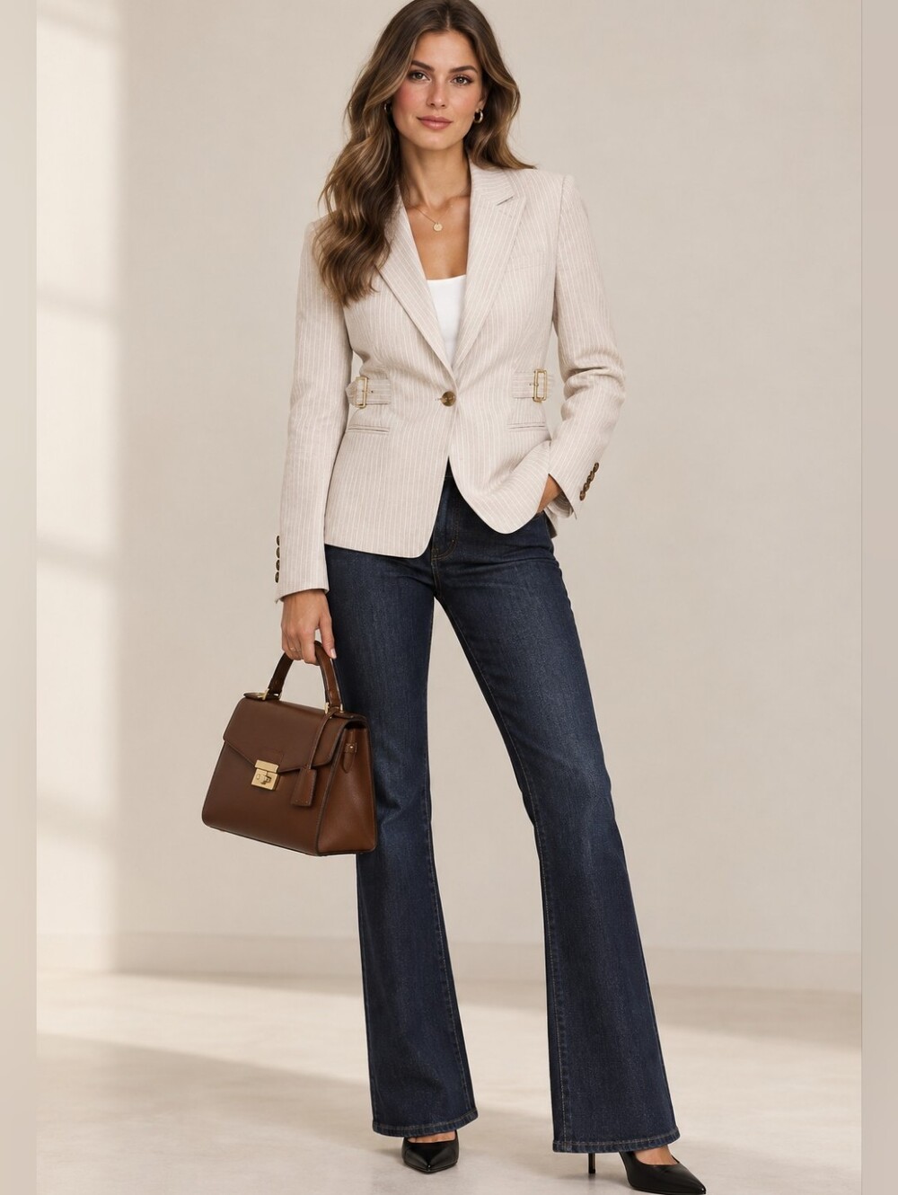 DKNY Rayon Linen Blend Pinstriped One Button Blazer